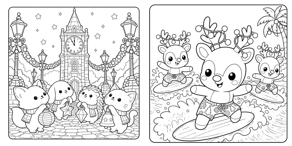Two pages from Warm Christmas: four animals with lanterns under a town clock, and three reindeer surfing